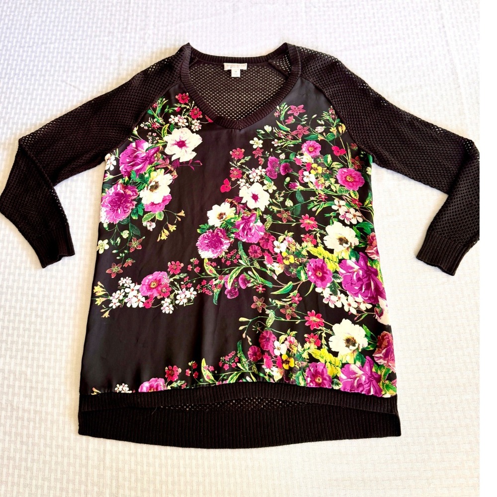 Bisou Bisou Michele Bohbot Floral Mesh Top Black Pink V-Neck Blouse Medium